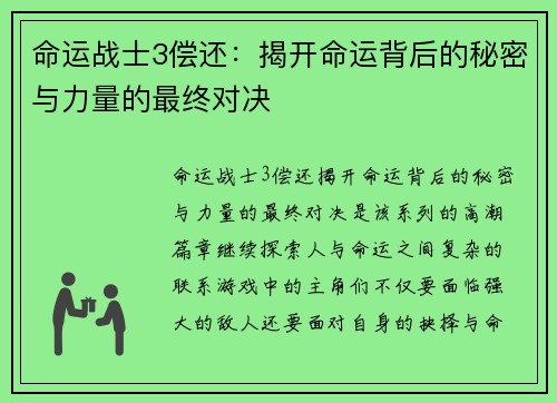 命运战士3偿还：揭开命运背后的秘密与力量的最终对决